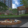 Urban Garden Decor With Green Plants Trees Waterfall And Outdoor Table Setup