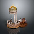 Ornate Garden Gazebo With Golden Dome Columns And Wooden Chair Table