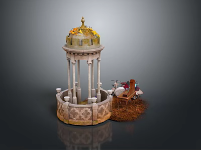 Ornate Garden Gazebo With Golden Dome Columns And Wooden Chair Table 3d model