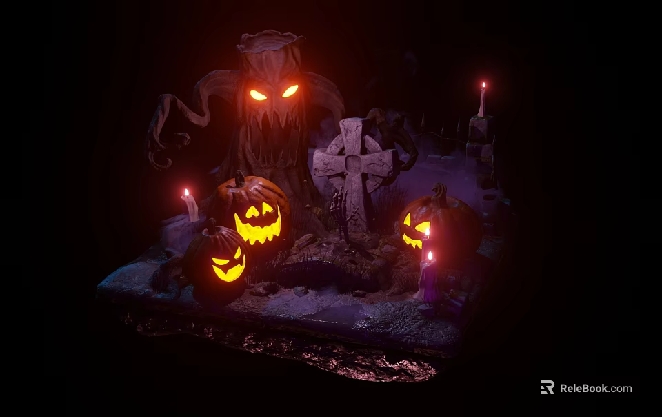Spooky Halloween Doll Decoration Featuring Lit JackOLanterns Cross Tombstone And Glowing Candles 3d model 