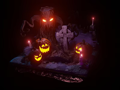 Spooky Halloween Doll Decoration Featuring Lit JackOLanterns Cross Tombstone And Glowing Candles 3d model