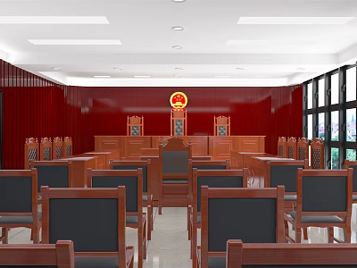 Formal Courtroom Interior Design With Red Walls Judge's Bench And Audience Seats 3d model