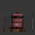 Pink Cylindrical Industrial Structure With Red Poles And Mesh Fence On Green Ground