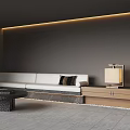 White Sectional Sofa with Black Cushions Wooden Cabinet Lamp Gray Wall LED Strip Gray Floor