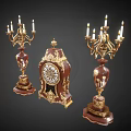 Vintage Candelabra Lamps with Gold Accents and Floral Patterns and Antique Clock in Classic Setting