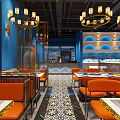 Modern Restaurant Interior Design With Ornate Ceiling Orange Seats And Patterned Floor Tiles 3d model