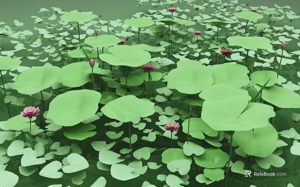 Lush Green Lotus Leaves With Pink Flowers Floating On Natural Pond 3d model 
