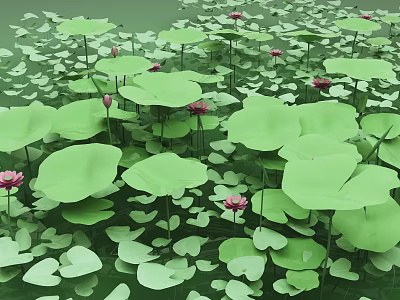 Lush Green Lotus Leaves With Pink Flowers Floating On Natural Pond 3d model