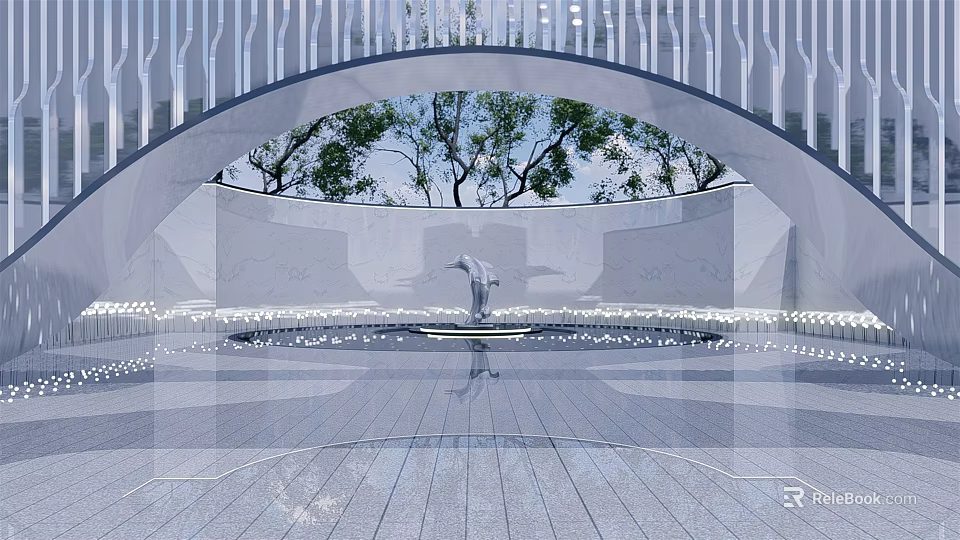 Contemporary Outdoor Sculpture In Arched Structure With Trees And Paved Ground Light Reflections 3d model