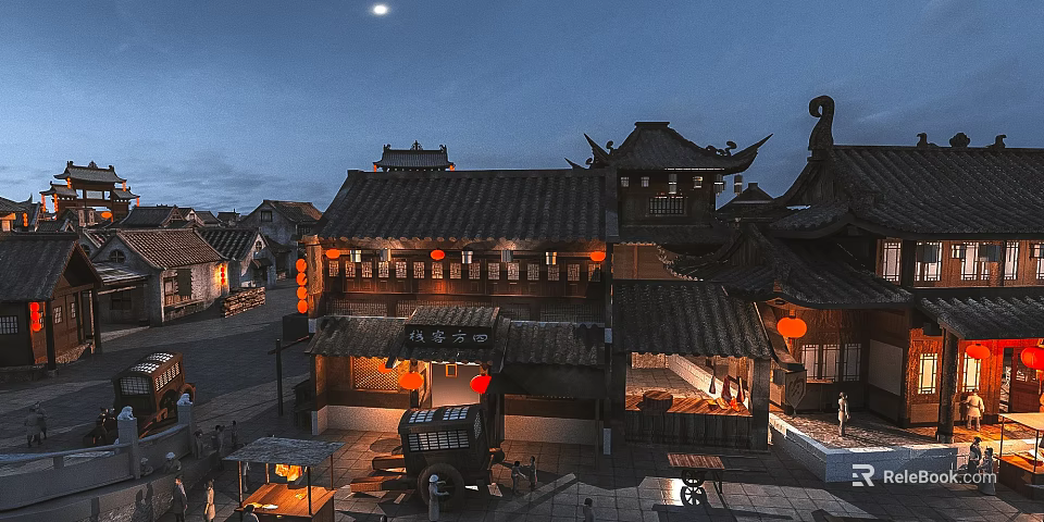 Cartoon Scene of Traditional Chinese Ancient Street at Night With Red Lanterns and Classic Architecture 3d model 