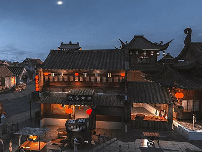 Cartoon Scene of Traditional Chinese Ancient Street at Night With Red Lanterns and Classic Architecture 3d model