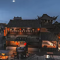 Cartoon Scene of Traditional Chinese Ancient Street at Night With Red Lanterns and Classic Architecture