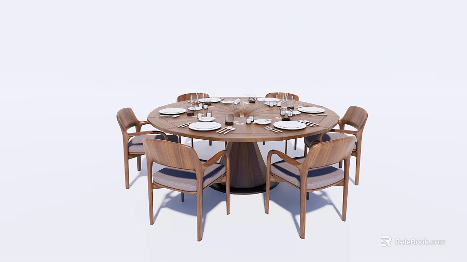 Modern Round Dining Table Set With Wooden Chairs Plates And Glasses 3d model 