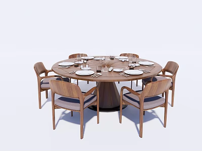 Modern Round Dining Table Set With Wooden Chairs Plates And Glasses 3d model