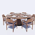 Modern Round Dining Table Set With Wooden Chairs Plates And Glasses
