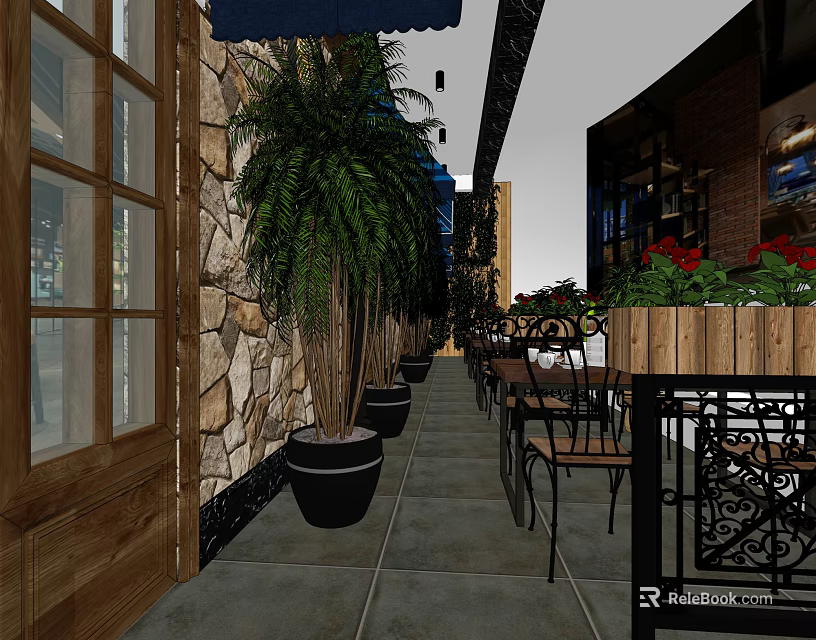 Modern Shopping Mall Store Exterior With Outdoor Seating Potted Plants And Stone Wall 3d model 