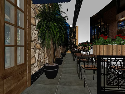 Modern Shopping Mall Store Exterior With Outdoor Seating Potted Plants And Stone Wall 3d model
