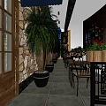 Modern Shopping Mall Store Exterior With Outdoor Seating Potted Plants And Stone Wall