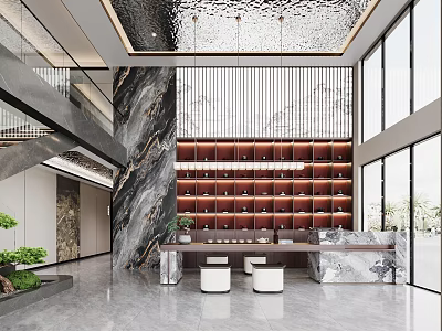 Modern Teahouse With Marble Wall Wooden Shelves Tea Table And Stools 3d model