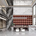 Modern Teahouse With Marble Wall Wooden Shelves Tea Table And Stools
