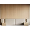 Modern Bedroom Interior With Wooden Panel Wall Beige Headboard And Bedside Tables