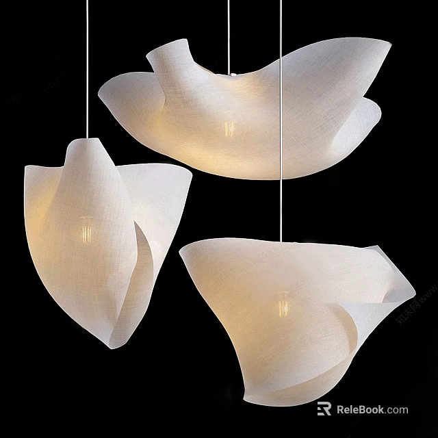 White Petal Shaped Fabric Pendant Lights With Soft Glow On Black Background 3d model 
