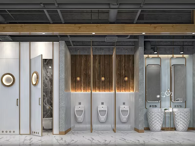 Modern Public Restroom Interior Design With Wooden Partitions And Marble Countertops 3d model