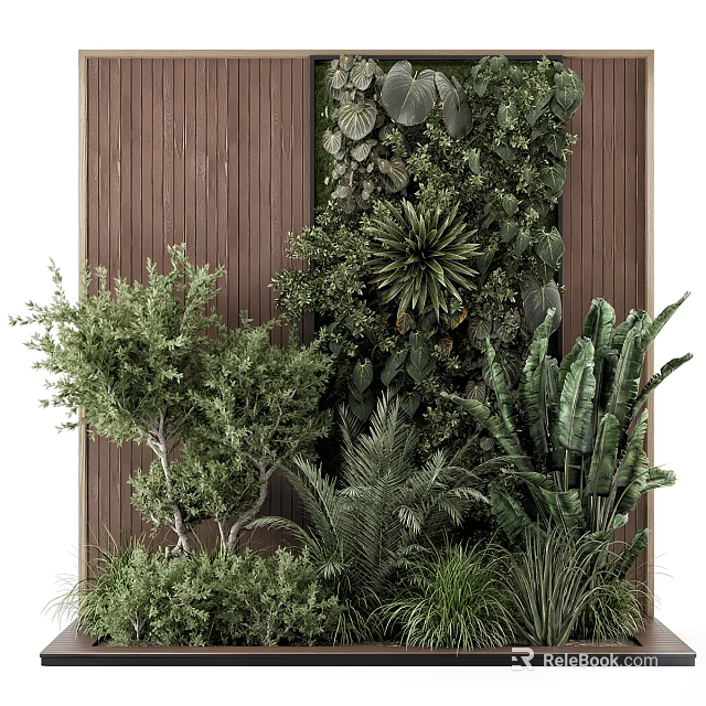Natural Green Floral Arrangement With Ceramic Vase And Wooden Wall Decor Background 3d model 