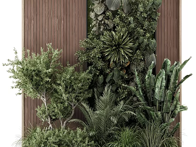 Natural Green Floral Arrangement With Ceramic Vase And Wooden Wall Decor Background 3d model