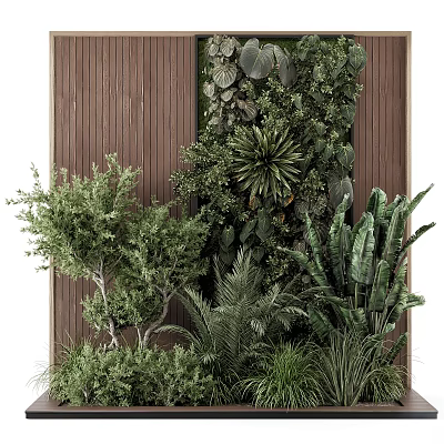 Natural Green Floral Arrangement With Ceramic Vase And Wooden Wall Decor Background 3d model