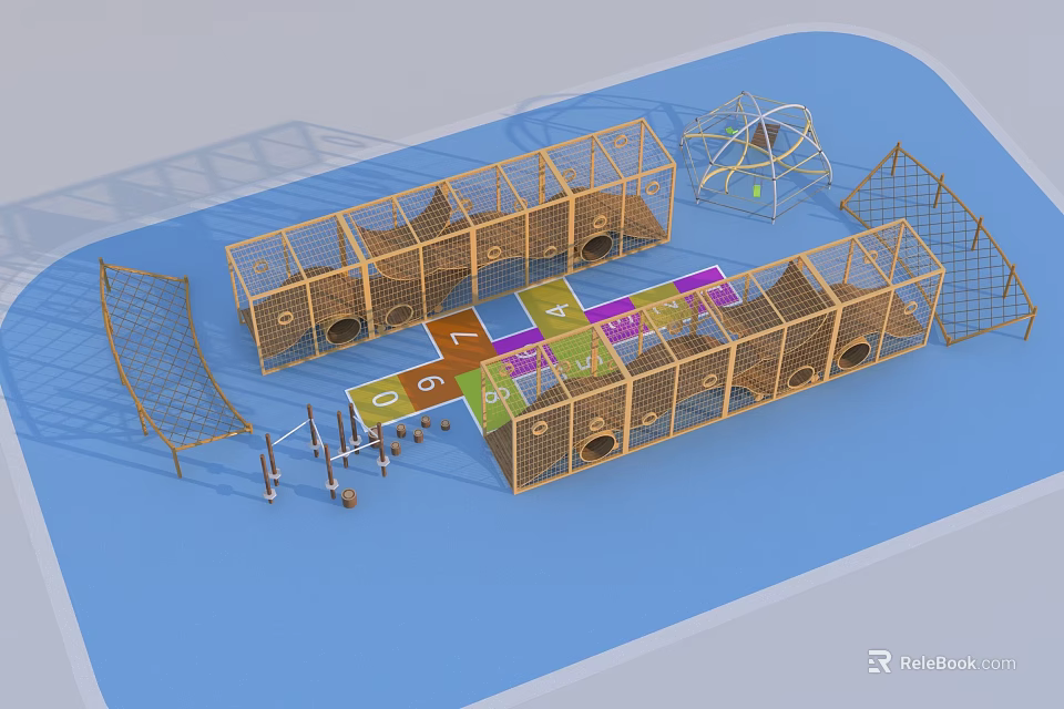 Wooden Playground Equipment With Climbing Nets Numbered Floor And Geometric Frames 3d model