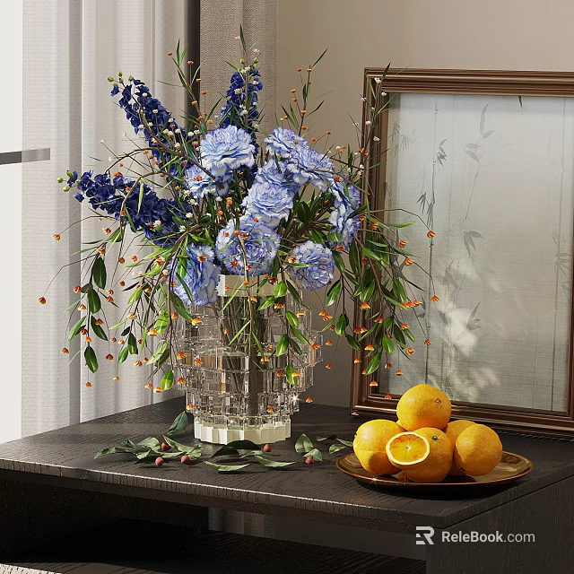 Clear Glass Vase With Blue Flowers And Oranges On Plate Near Mirror 3d model 