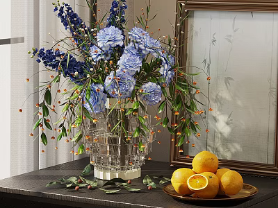 Clear Glass Vase With Blue Flowers And Oranges On Plate Near Mirror 3d model