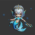 Cute Game Character Mermaid With Blue Hair Golden Crown Trident And Bubbles