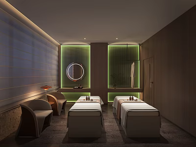 Serene SPA Sauna Interior With Massage Beds Comfortable Seats And Soft Ambient Lighting 3d model