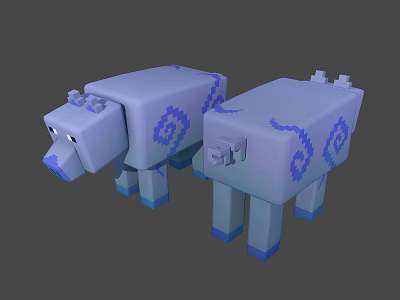 Two Cartoon Style Pixelated Blocky Sheep Characters Light Purple Blue Patterns 3d model