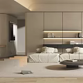 Modern Living Room Interior Featuring Beige Sofa Coffee Table Storage Cabinets And Perforated Panel Wall