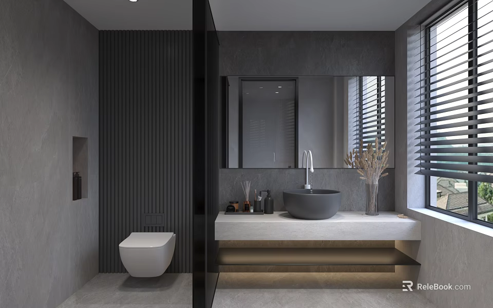 Modern Bathroom Interior With Gray Vertical Striped Wall Toilet Vanity Mirror And Window Blinds 3d model 