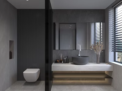 Modern Bathroom Interior With Gray Vertical Striped Wall Toilet Vanity Mirror And Window Blinds 3d model