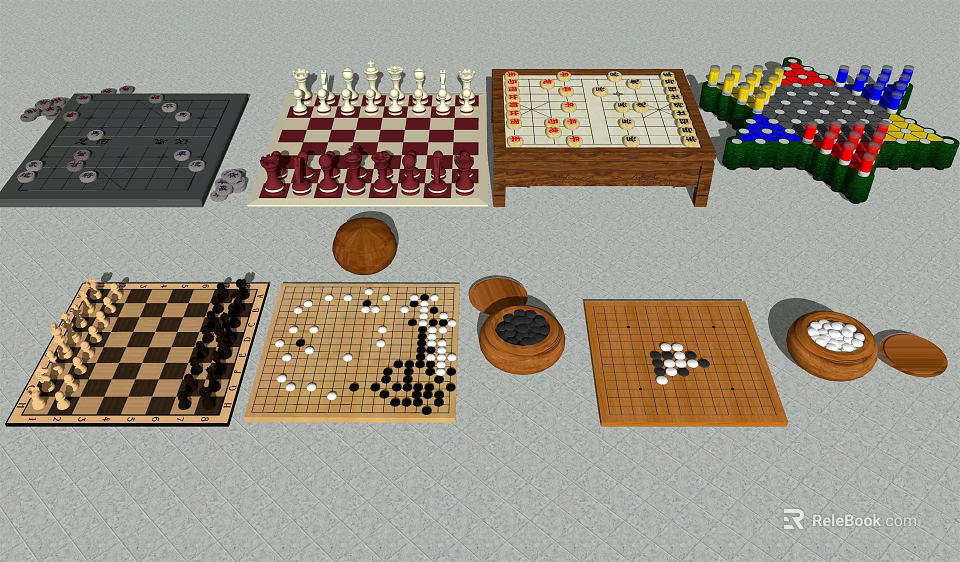 Diverse Board Game Entertainment With Chess Checkers Go Chinese Chess And Wooden Boards 3d model 