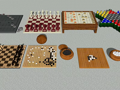 Diverse Board Game Entertainment With Chess Checkers Go Chinese Chess And Wooden Boards 3d model