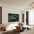Modern Dining Living Room Interior Design With White Geometric Chandelier Green Artwork And Tea Set