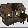 Medieval Style House Featuring Wooden Frame Stone Walls Brown Roof Tiles And Lit Windows