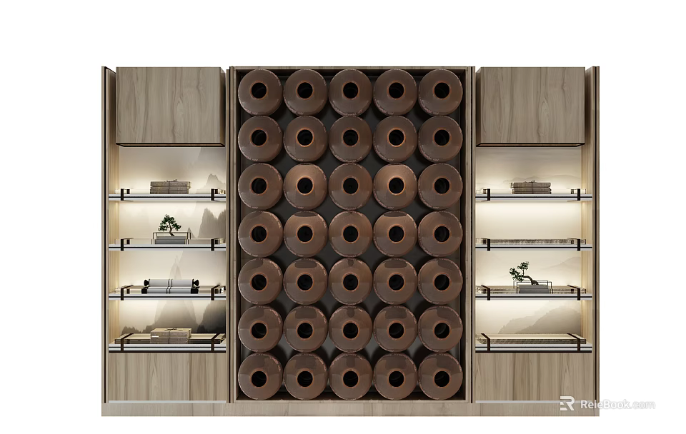 Elegant Modern Wooden Bookcase With Circular Decorative Elements Built-in Lighting And Display Shelves 3d model 