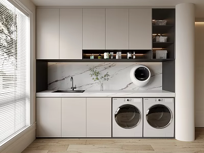 Modern Laundry Room With White Cabinets Marble Countertop And Washing Machines 3d model
