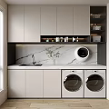 Modern Laundry Room With White Cabinets Marble Countertop And Washing Machines
