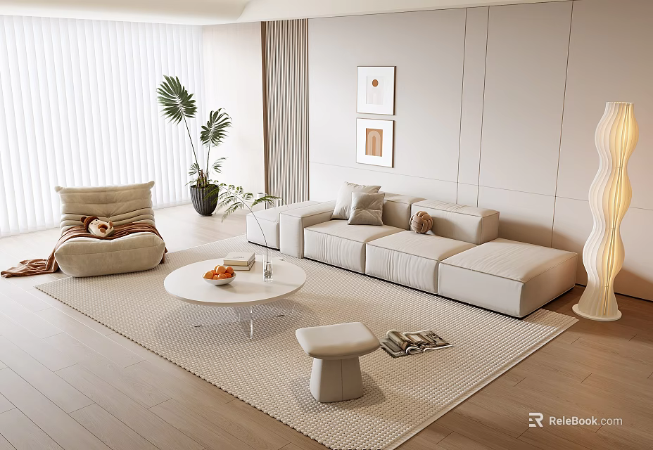 Modern Beige Sofa And White Coffee Table Set With Green Plants Rug And Wall Art 3d model 