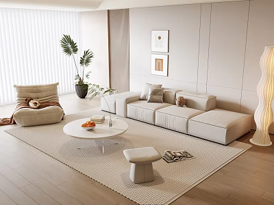 Modern Beige Sofa And White Coffee Table Set With Green Plants Rug And Wall Art 3d model
