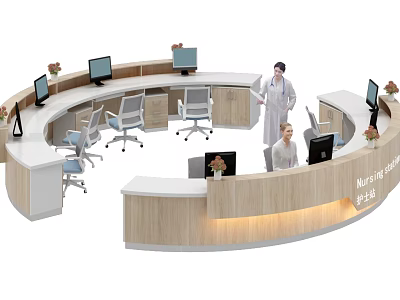 Modern Hospital Reception Desk With Medical Staff And Computer Workstations 3d model