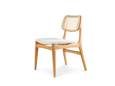 Modern Wooden Dining Chair With Rattan Backrest And White Cushion 3d model